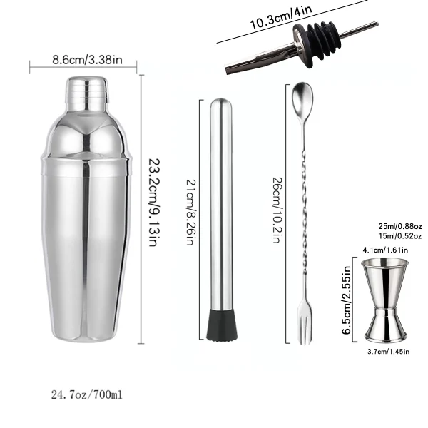 5-Piece Stainless Steel Cocktail Shaker set 700ml Bartender Kit Cocktail Tools Set Cocktail Shaker - Image 2